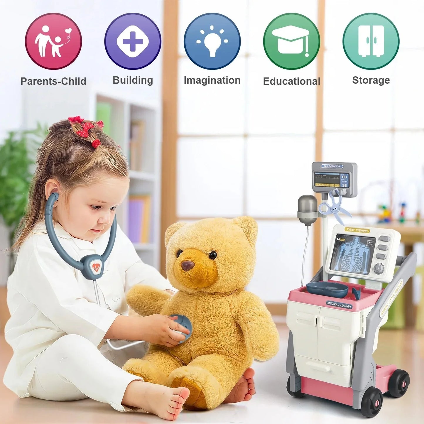 Kids Doctors Play Set, Toy Doctor Kit for Toddlers 3-5，Pretend Play Medical Station Toy Set for Girls Boys, Role Play Doctor Cart Christmas Birthday Gift for Toddlers/Kids Ages 2-4 3-5.(Red)