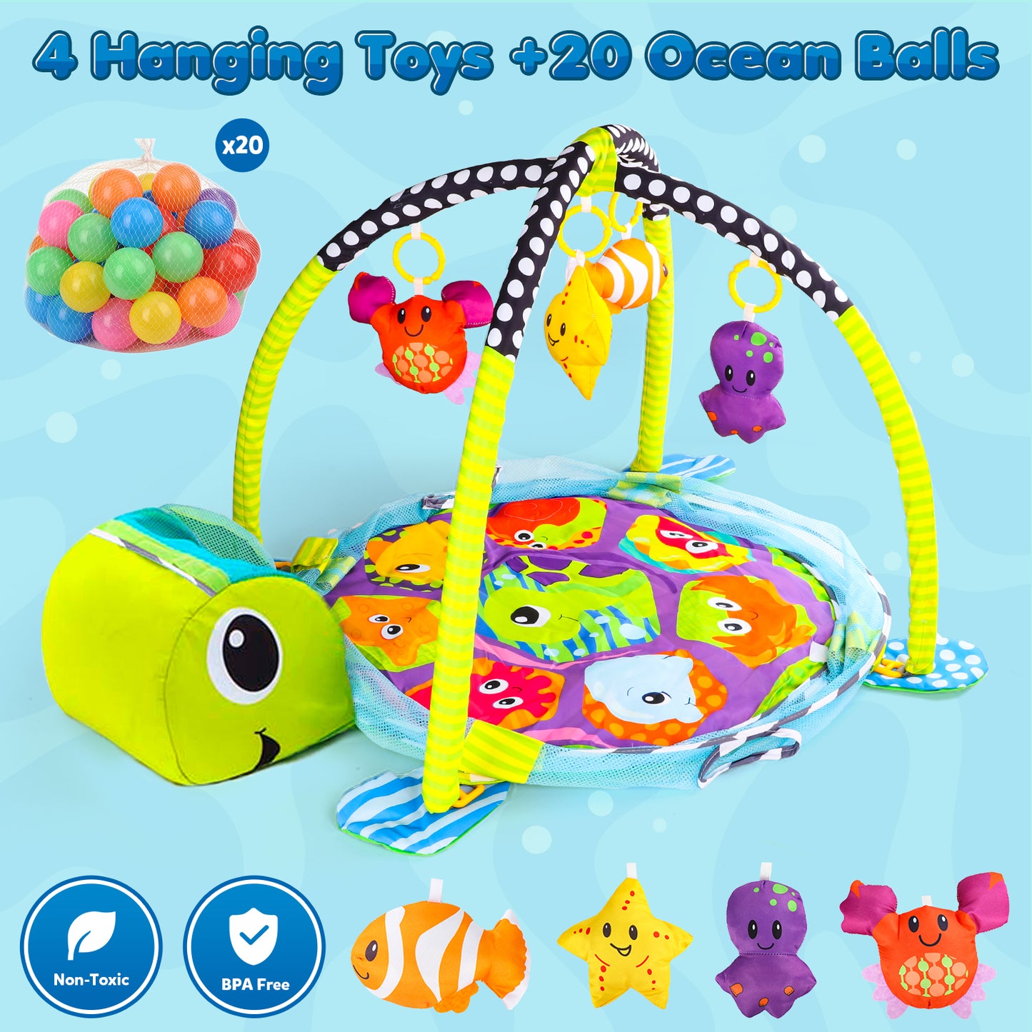 Baby Play Gym, 3 in 1 Baby Play Gym Activity Mat, with Hanging Toys and Ocean Balls, Gifts for Newborn Baby 0 to 3 6 9 12 Months, Green Turtle