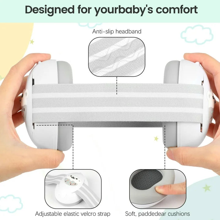 2-in-1 Baby Ear Muffs Noise Protection, Noise Canceling Headphones for Baby & Toddler 0-36 Months, Adjustable Headband, Hearing Protection Earmuffs in Plane & Improves Sleep - White