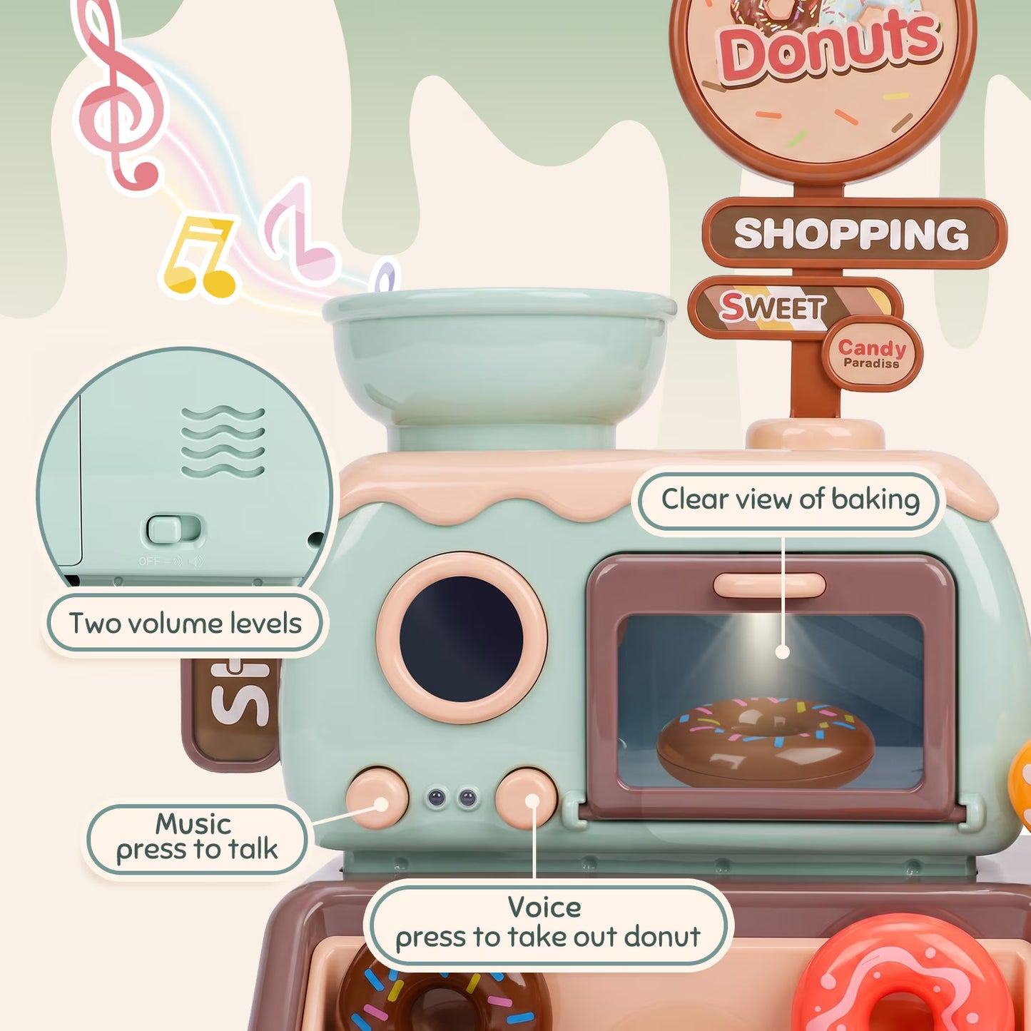 Donut Shop Playset for Kids, Pretend Play Food Set for Kids Kitchen with Light and Sound Toy Oven, Ice Cream Cart, Toy Food Birthday Gift for Girls Ages 3 4 5 6 Years.