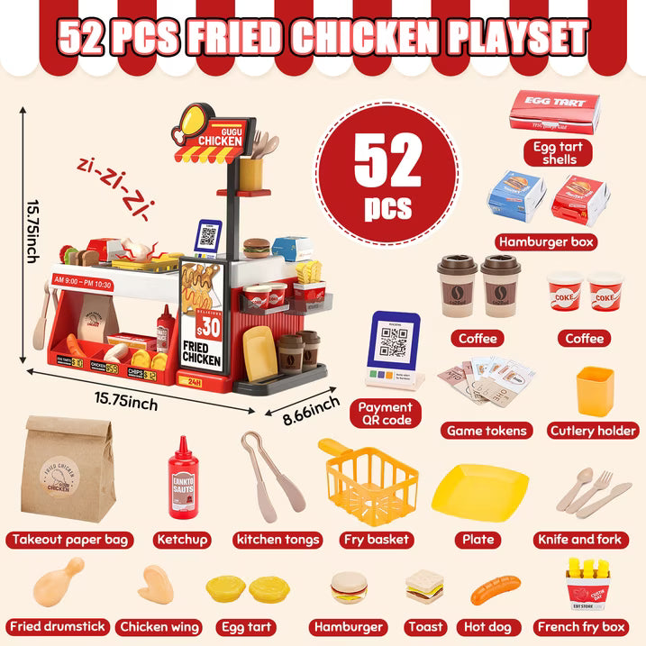 Kids Pretend Play Food Set, 52 Pcs Fried Chicken Shop Toy, Color Changing Fast Food Restaurant Toy with Burger, Fries, Coffee and Play Money, Christmas Birthday Gift for Boys Girls Ages 3-8