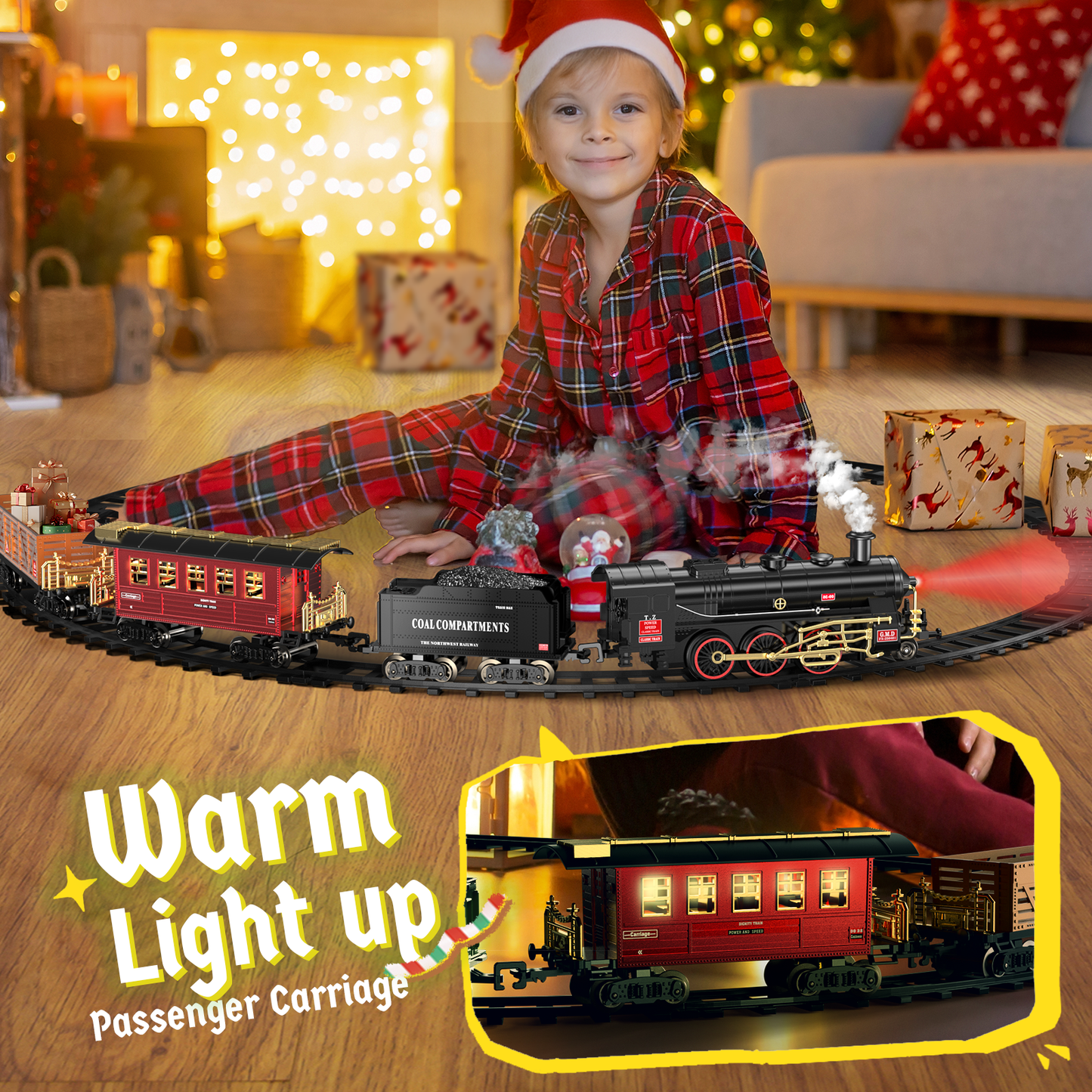 Electric Train Set Toy, Alloy Toddler Model Train Set with Smokes, Lights & Sound, Christmas Train Set with Steam Locomotive Engine, Educational Gift Toy Train for Boys Girls Age 2 3 4 5 6 Kids
