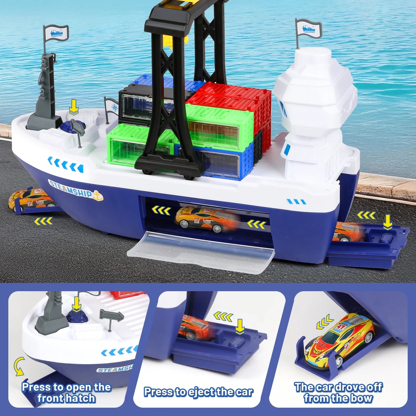 Cargo Ship Toy & Gantry Crane for kids, Toy Boat and Crane Playset with 6 Race Cars and 12 Containers, Transport Cruise Ship, Cargo Boat Toys Birthday Gift for 3 4 5 6 7 8 Year Old Boys Kids