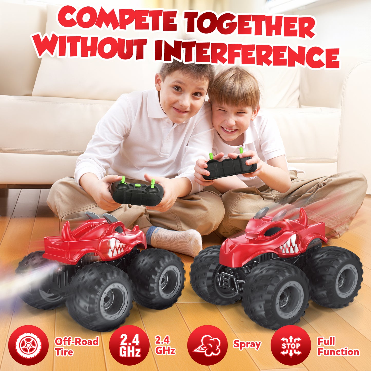 Remote Control Dinosaur Toy Cars for Kids, 2.4 GHz RC Monster Trucks for Boy with Spray, All Terrain RC Dinosaur Car, Christmas Birthday Gifts for ages 3 4 5 4 6 7 8 Boys Toys, Red