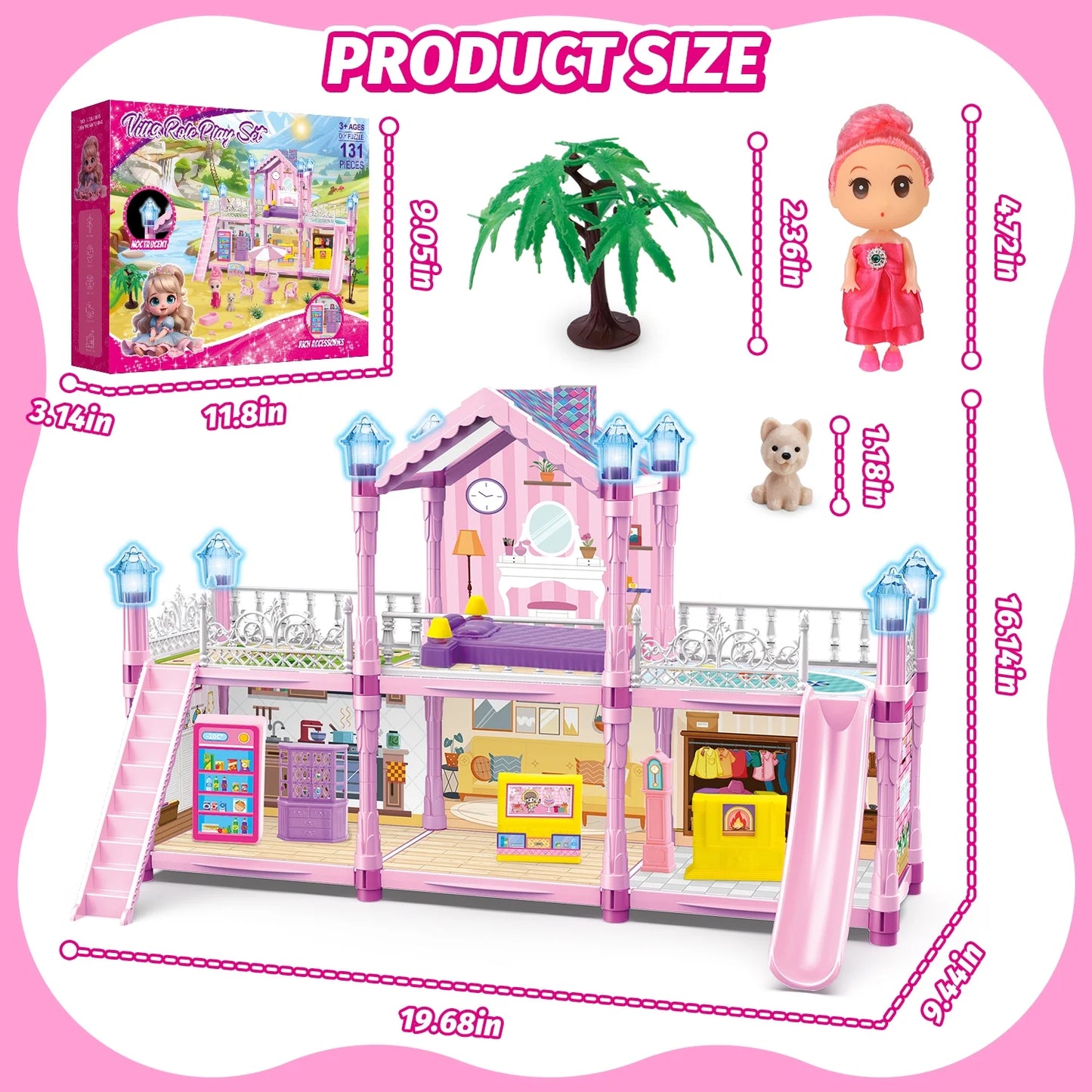 Dollhouse Kit for Girls Ages 3-6, 131PCS Pink DIY Pretend Play Toy House With Slide, Lights, 4 Rooms 2 Balconies Furniture, Birthday Gift for 2 3 4 5 Years Old Girls/Kids/Toddlers.