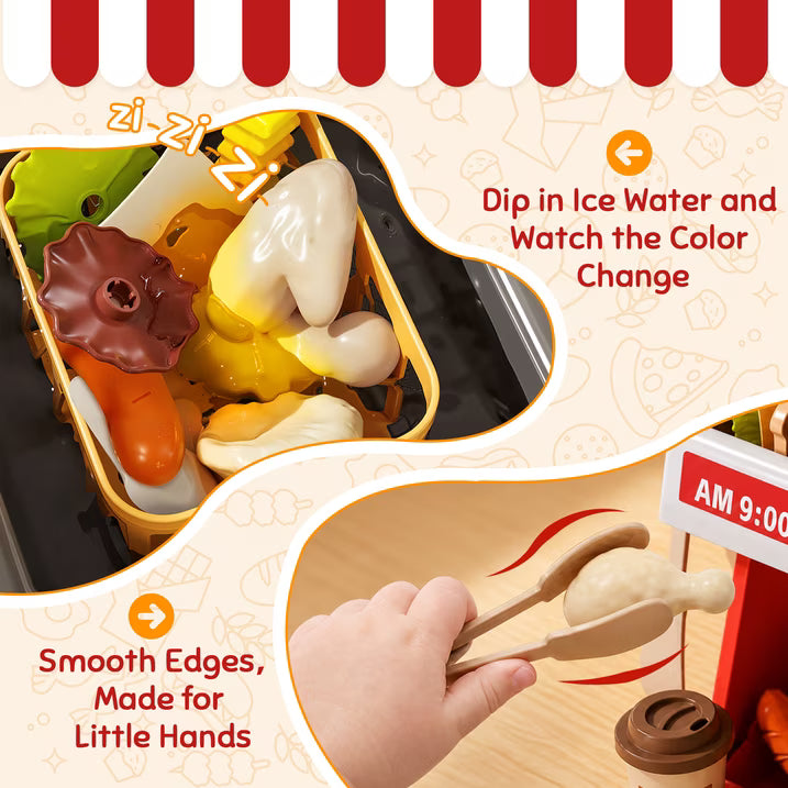 Kids Pretend Play Food Set, 52 Pcs Fried Chicken Shop Toy, Color Changing Fast Food Restaurant Toy with Burger, Fries, Coffee and Play Money, Christmas Birthday Gift for Boys Girls Ages 3-8