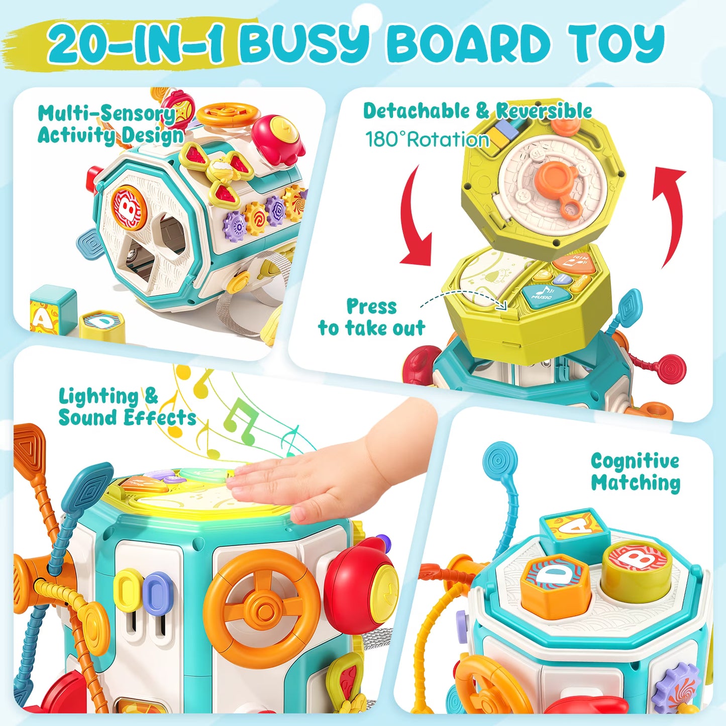 20-in-1 Musical Activity Cube, Montessori Baby Toy for 1 Year Old Toddlers, Busy Board with Light-Up Drum, Learning Toys Gift for Boys & Girls Ages 1 2 3