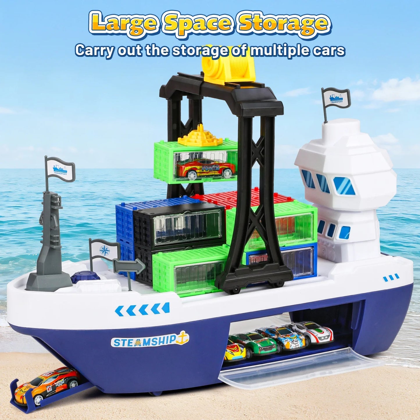 Cargo Ship Toy & Gantry Crane for kids, Toy Boat and Crane Playset with 6 Race Cars and 12 Containers, Transport Cruise Ship, Cargo Boat Toys Birthday Gift for 3 4 5 6 7 8 Year Old Boys Kids